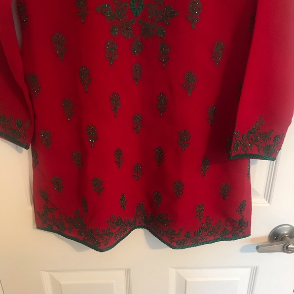 Red & green Bollywood tunic kurthi top - Picture 6 of 8